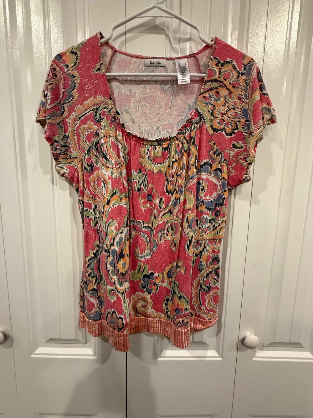 Liz Claiborne Pink Multi Floral Scoop-Neck Women's Top Size Large